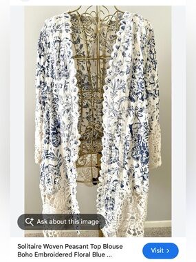 Solitaire White and Blue Crochet-Trim Boho Cardigan | One Size